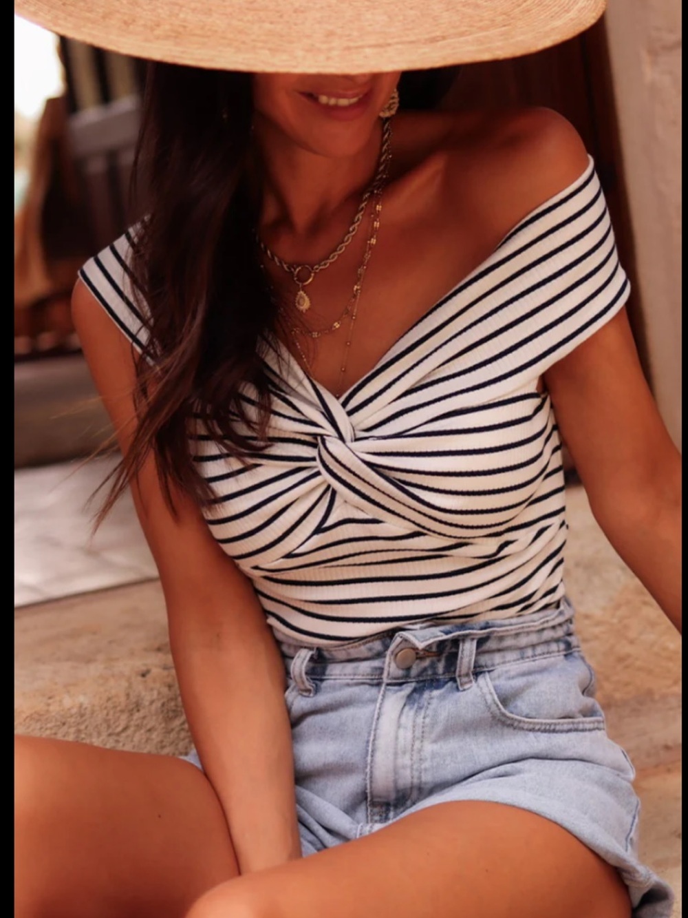 Striped Off-Shoulder Twist Front Top - White & Black, small